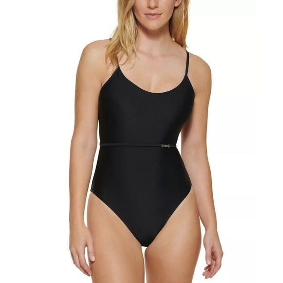 CALVIN KLEIN Over The-Shoulder Wrap Around 1pc Swimsuit swimwear black New 16 - Picture 1 of 16